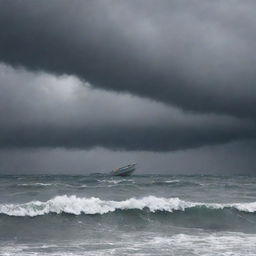 An abstract representation of depression as a stormy sea under a grey, cloudy sky, with one small, solitary boat struggling against the waves.