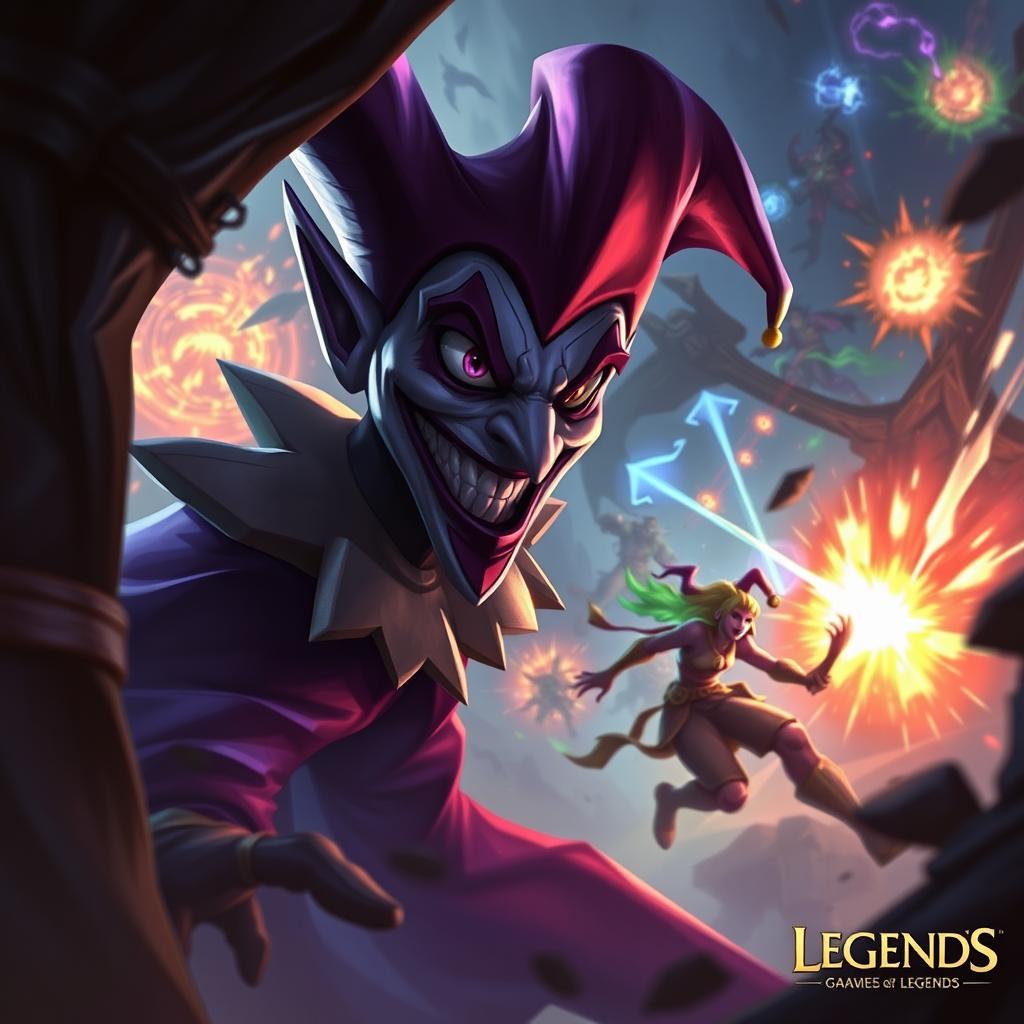 Shaco, the Demon Jester, lurking in the shadows with a mischievous grin while in the background, Jax, the Grandmaster at Arms, is caught in the midst of an intense team fight