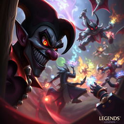 Shaco, the Demon Jester, lurking in the shadows with a mischievous grin while in the background, Jax, the Grandmaster at Arms, is caught in the midst of an intense team fight