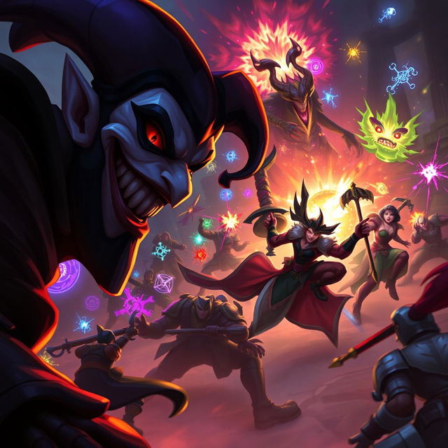 Shaco, the Demon Jester, lurking in the shadows with a mischievous grin while in the background, Jax, the Grandmaster at Arms, is caught in the midst of an intense team fight