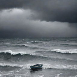 An abstract representation of depression as a stormy sea under a grey, cloudy sky, with one small, solitary boat struggling against the waves.