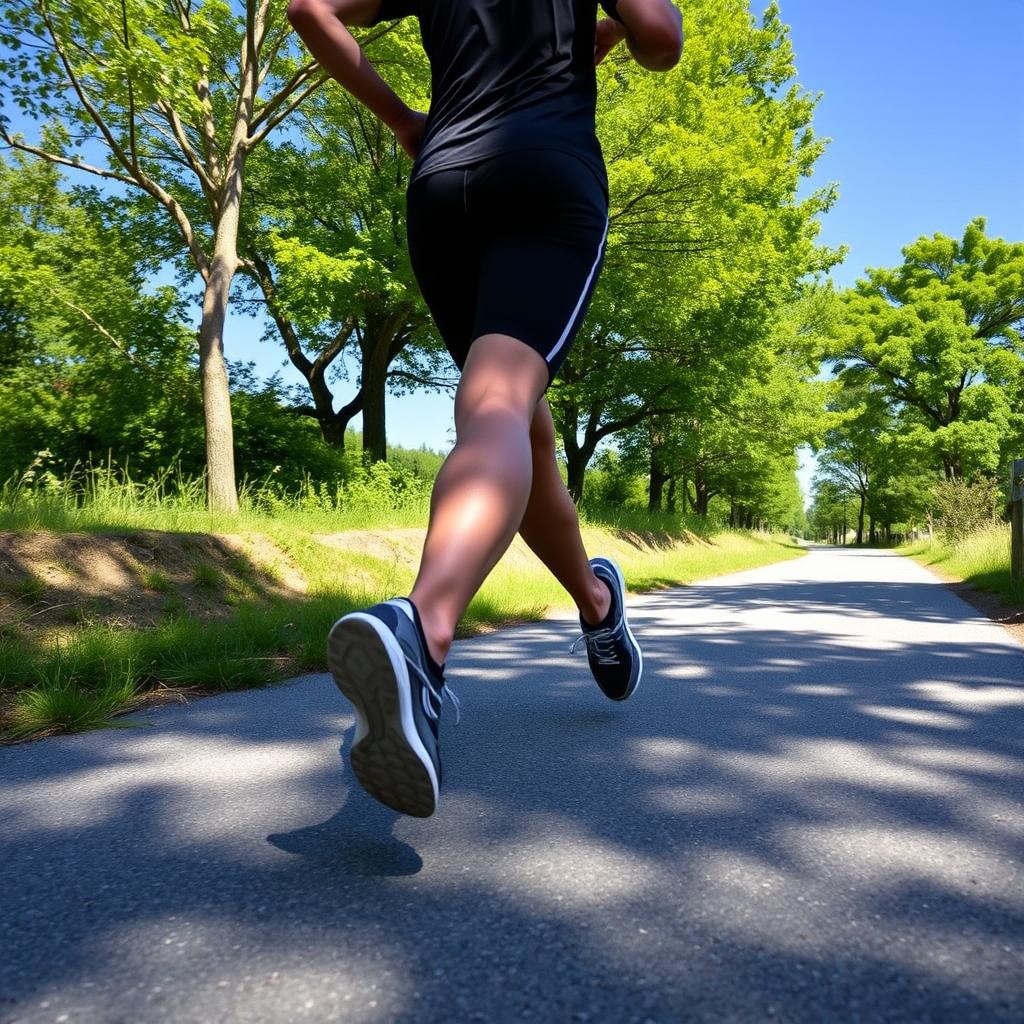 A person running energetically along a scenic path during a bright and sunny day