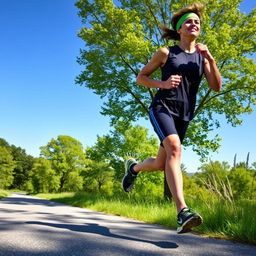 A person running energetically along a scenic path during a bright and sunny day