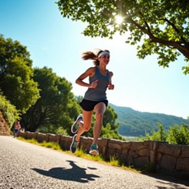 A person running energetically along a scenic path during a bright and sunny day