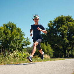 A person running energetically along a scenic path during a bright and sunny day