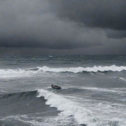 An abstract representation of depression as a stormy sea under a grey, cloudy sky, with one small, solitary boat struggling against the waves.