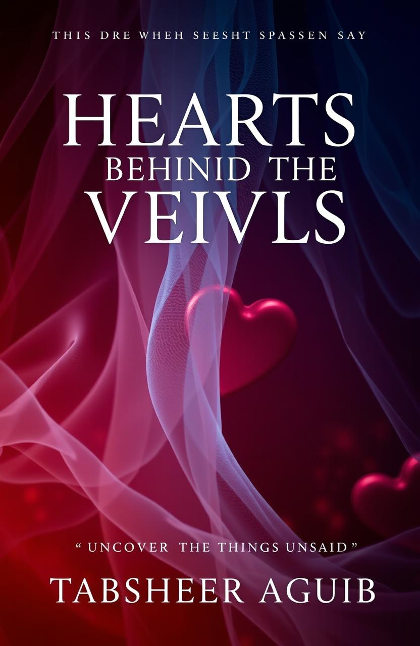 A captivating book cover featuring the title 'Hearts Behind the Veils' with the subtitle 'Uncover the Things Unsaid' and author's name 'Tabsheer Aquib'