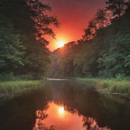 A crimson sun setting over a serene river flanked by dense forests.