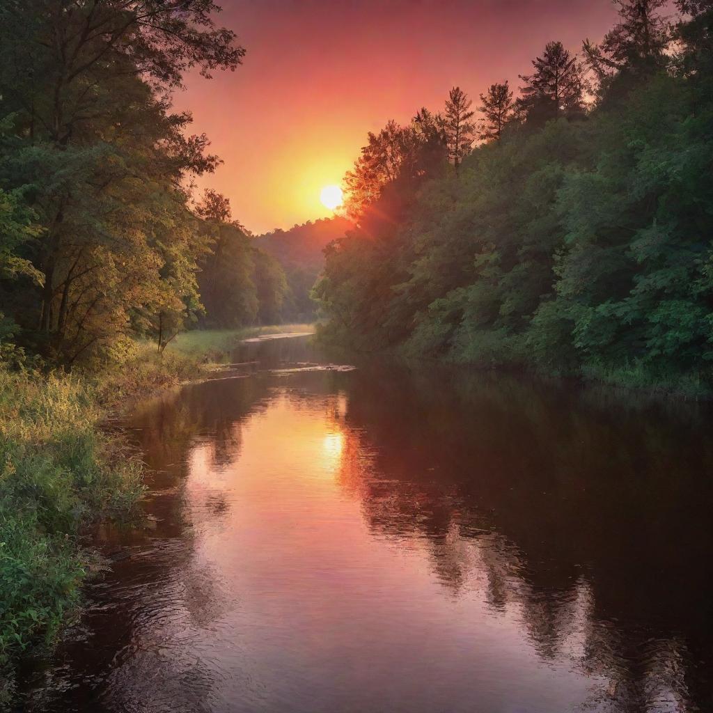 A crimson sun setting over a serene river flanked by dense forests.