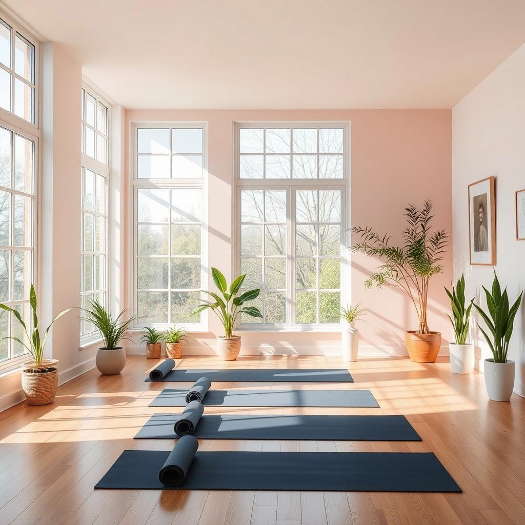 serene yoga room with large windows allowing natural light to flood in, soft pastel colors on the walls, wooden floor, a few yoga mats neatly rolled out, potted plants adding a touch of greenery, calming artwork on the walls, a gentle aroma to invigorate the senses, a peaceful ambience exuding tranquility and mindfulness