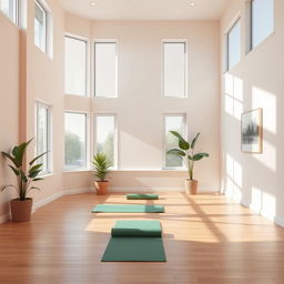 serene yoga room with large windows allowing natural light to flood in, soft pastel colors on the walls, wooden floor, a few yoga mats neatly rolled out, potted plants adding a touch of greenery, calming artwork on the walls, a gentle aroma to invigorate the senses, a peaceful ambience exuding tranquility and mindfulness