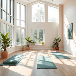 serene yoga room with large windows allowing natural light to flood in, soft pastel colors on the walls, wooden floor, a few yoga mats neatly rolled out, potted plants adding a touch of greenery, calming artwork on the walls, a gentle aroma to invigorate the senses, a peaceful ambience exuding tranquility and mindfulness