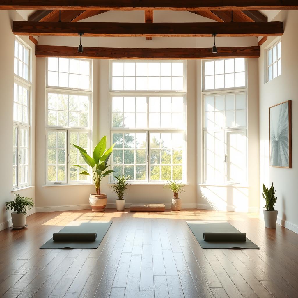 serene yoga room with large windows allowing natural light to flood in, soft pastel colors on the walls, wooden floor, a few yoga mats neatly rolled out, potted plants adding a touch of greenery, calming artwork on the walls, a gentle aroma to invigorate the senses, a peaceful ambience exuding tranquility and mindfulness