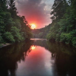 A crimson sun setting over a serene river flanked by dense forests.