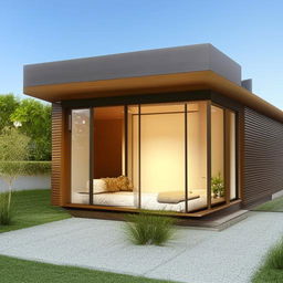 L-shaped house measuring 350 square feet with a modern design, natural lighting and incorporating space-efficient features.