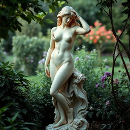 a beautiful female figure portrayed in a tasteful artistic manner, surrounded by nature