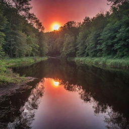 A crimson sun setting over a serene river flanked by dense forests.