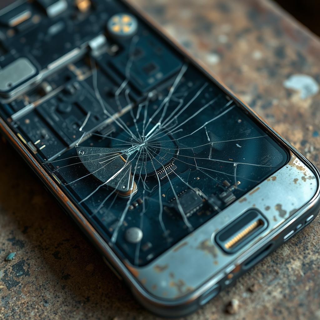 full HD 4k image of an old and broken cellphone, cracked screen, visible internal components, aged design, nostalgic tech feel, detailed textures