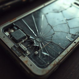 full HD 4k image of an old and broken cellphone, cracked screen, visible internal components, aged design, nostalgic tech feel, detailed textures