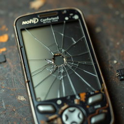 full HD 4k image of an old and broken cellphone, cracked screen, visible internal components, aged design, nostalgic tech feel, detailed textures