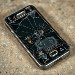 full HD 4k image of an old and broken cellphone, cracked screen, visible internal components, aged design, nostalgic tech feel, detailed textures