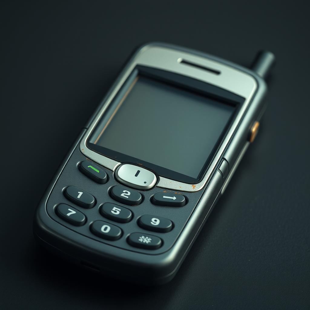 full HD 4k image of a not-so-modern cellphone, slightly outdated design, prominent buttons, medium-sized screen, hints of wear and tear, nostalgic technology feel, realistic lighting