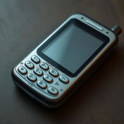 full HD 4k image of a not-so-modern cellphone, slightly outdated design, prominent buttons, medium-sized screen, hints of wear and tear, nostalgic technology feel, realistic lighting