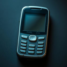 full HD 4k image of a not-so-modern cellphone, slightly outdated design, prominent buttons, medium-sized screen, hints of wear and tear, nostalgic technology feel, realistic lighting