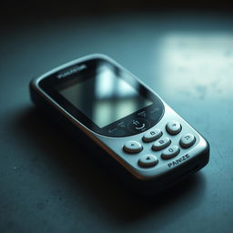 full HD 4k image of a not-so-modern cellphone, slightly outdated design, prominent buttons, medium-sized screen, hints of wear and tear, nostalgic technology feel, realistic lighting