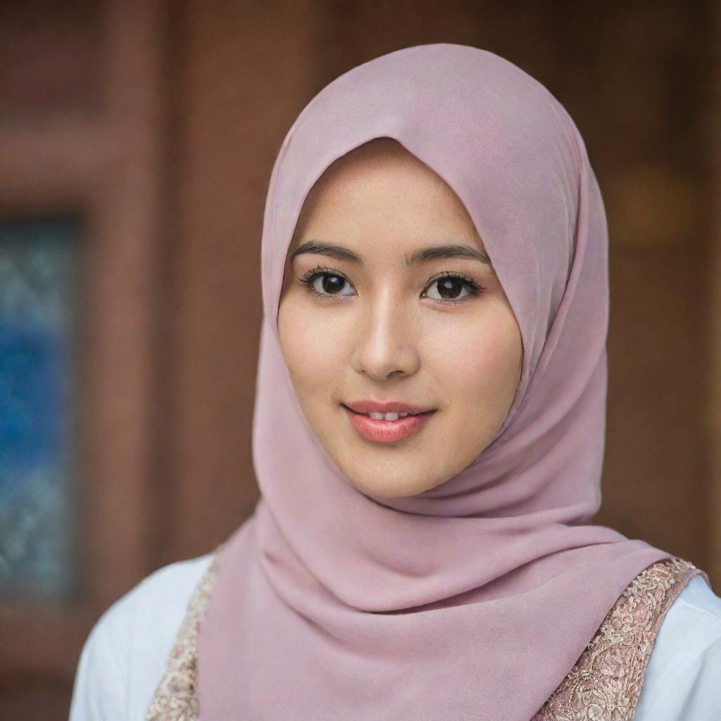 A young Asian lady wearing a hijab, with traditional elements in the backdrop for added context.