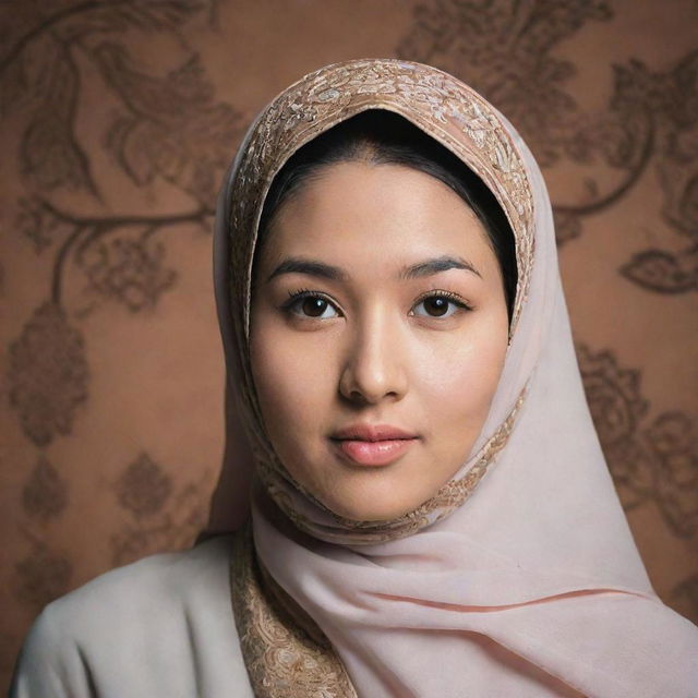 A young Asian lady wearing a hijab, with traditional elements in the backdrop for added context.