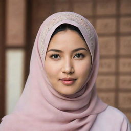 A young Asian lady wearing a hijab, with traditional elements in the backdrop for added context.