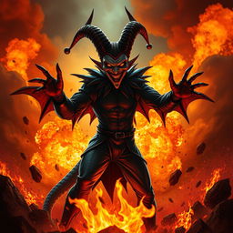 Shaco, the Demon Jester, standing with a menacing grin as a dramatic background of fire and explosions illuminates the scene