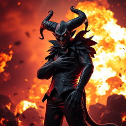 Shaco, the Demon Jester, standing with a menacing grin as a dramatic background of fire and explosions illuminates the scene