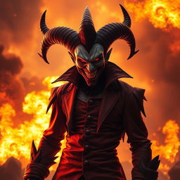 Shaco, the Demon Jester, standing with a menacing grin as a dramatic background of fire and explosions illuminates the scene