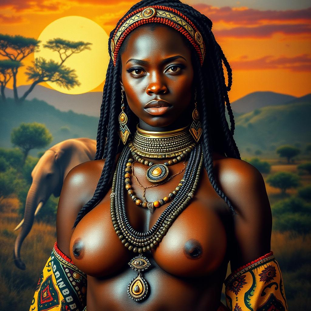 A sexy African tribal woman with big boobs, captured in a realistic portrait