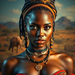 A sexy African tribal woman with big boobs, captured in a realistic portrait