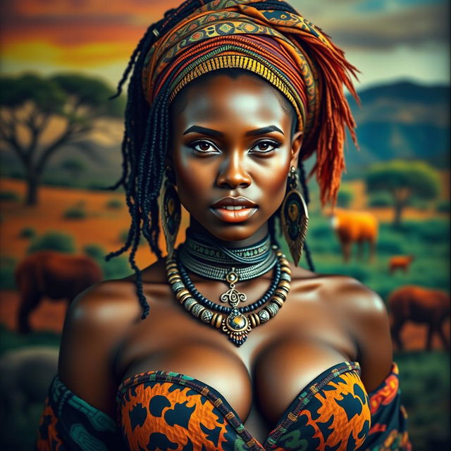 A sexy African tribal woman with big boobs, captured in a realistic portrait