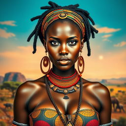 A sexy African tribal woman with big boobs, captured in a realistic portrait