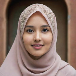 A young Asian lady wearing a hijab, with traditional elements in the backdrop for added context.