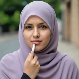 A young lady in a hijab, assertively saying no to smoking.