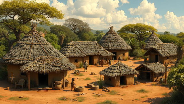 A depiction of traditional African tribal housing, showcasing a variety of structures such as thatched huts and mud dwellings