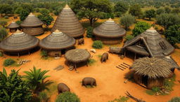 A depiction of traditional African tribal housing, showcasing a variety of structures such as thatched huts and mud dwellings