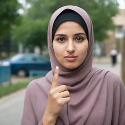 A young lady in a hijab, assertively saying no to smoking.