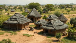 A depiction of traditional African tribal housing, showcasing a variety of structures such as thatched huts and mud dwellings