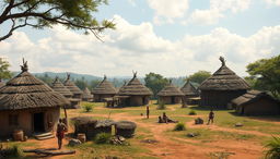 A depiction of traditional African tribal housing, showcasing a variety of structures such as thatched huts and mud dwellings