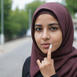 A young lady in a hijab, assertively saying no to smoking.