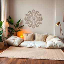 A serene and cozy chill zone in a living room corner, featuring large plush floor cushions and a soft, natural fiber rug