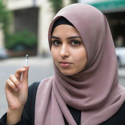 A young lady in a hijab, assertively saying no to smoking.