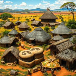 A striking depiction of African tribal housing, featuring a diverse array of traditional structures such as thatched huts and mud dwellings with intricate designs